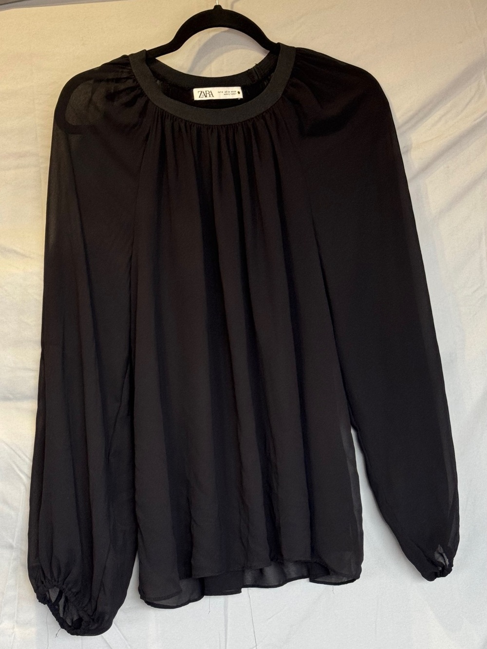 ZARA Black Sheer Gathered Neck Blouse